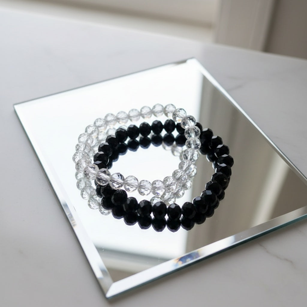 Rokassprādzes komplekts "Stikla pērles" melns+dzidrs