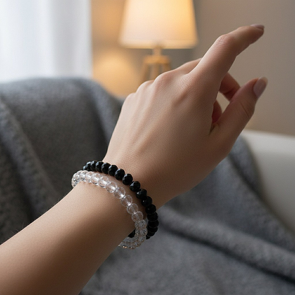 Rokassprādzes komplekts "Stikla pērles" melns+dzidrs