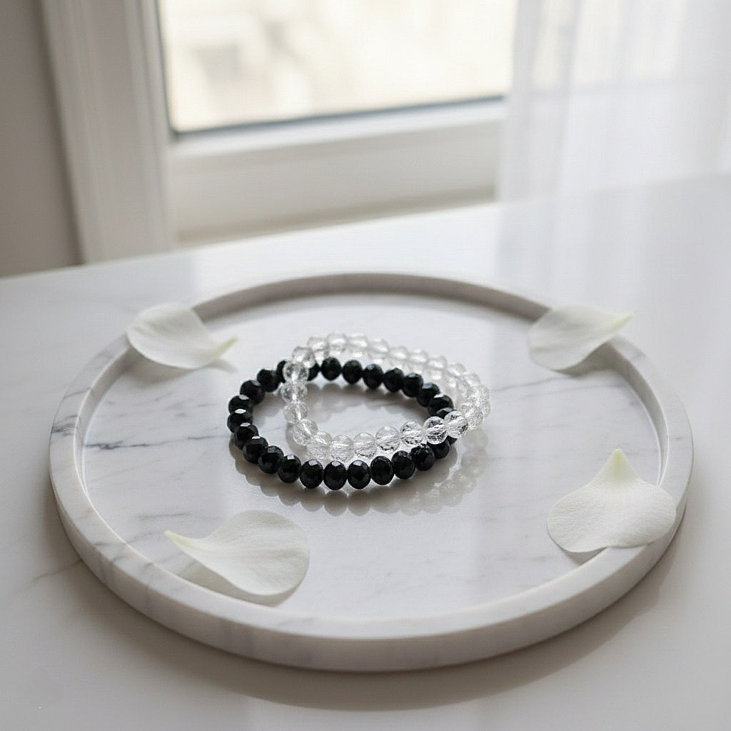 Rokassprādzes komplekts "Stikla pērles" melns+dzidrs