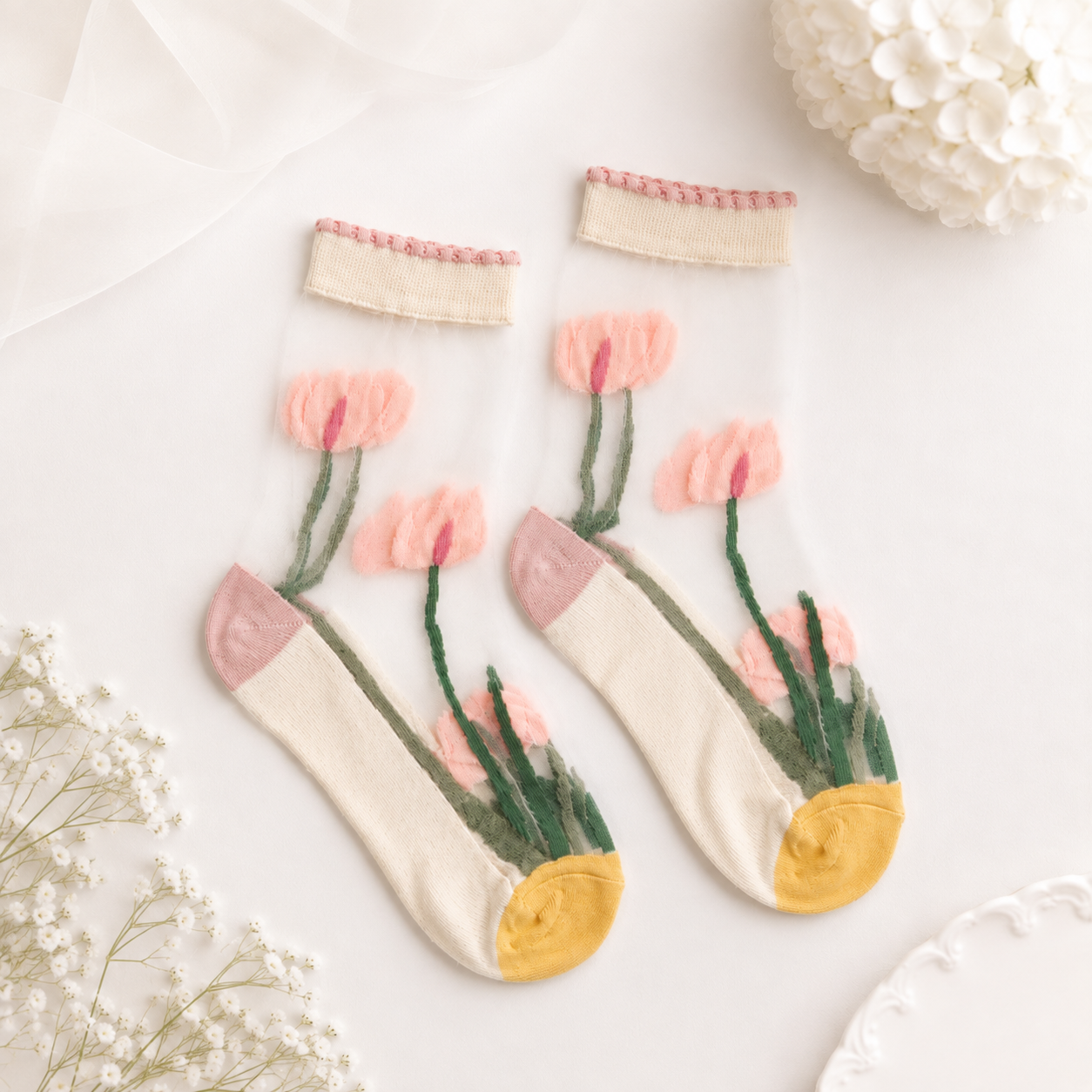 Zeķītes Transparent pink floral komplektā vai atsevišķi