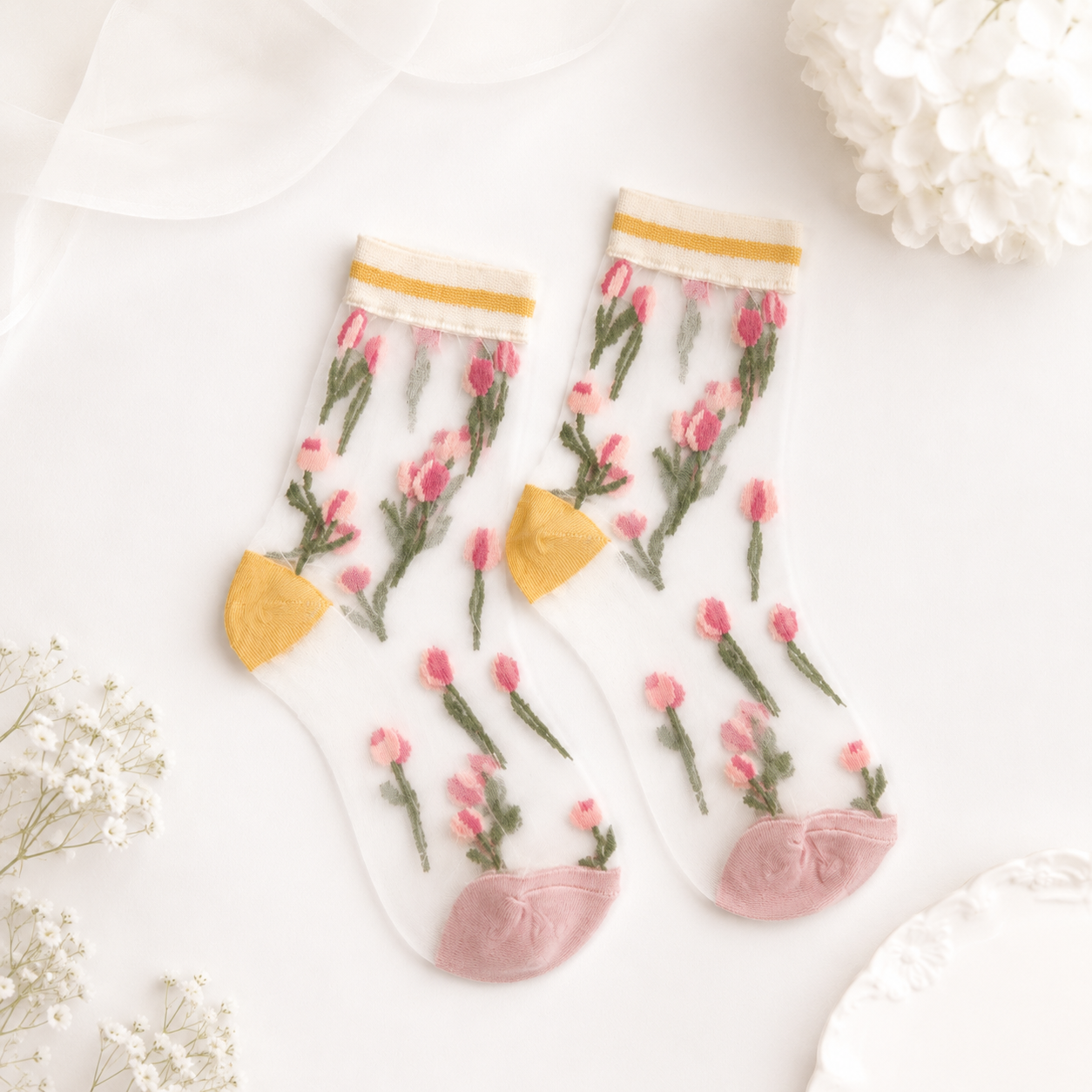 Zeķītes Transparent pink floral komplektā vai atsevišķi