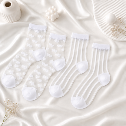 Zeķītes Transparent hearts &amp; stripes white