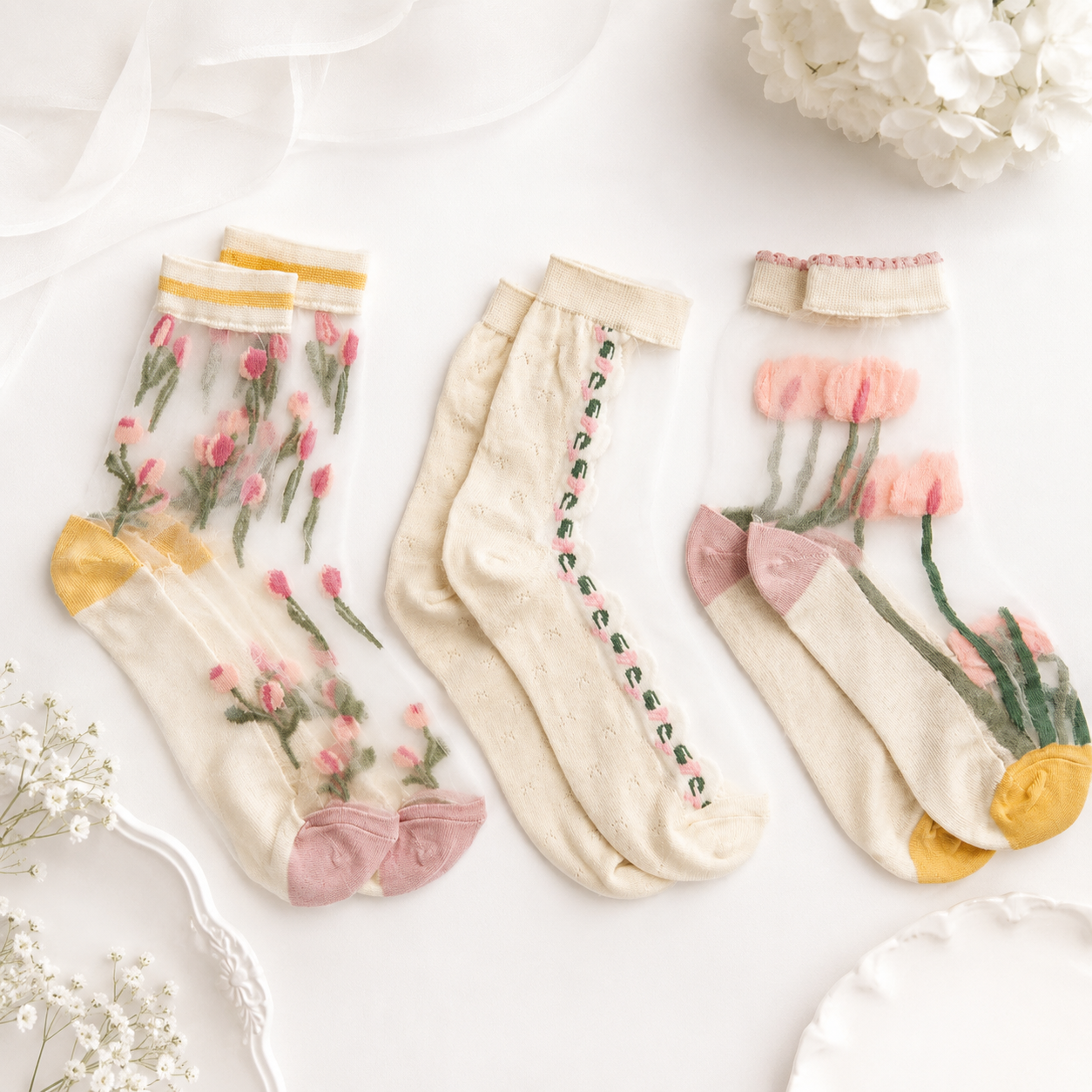 Zeķītes Transparent pink floral komplektā vai atsevišķi